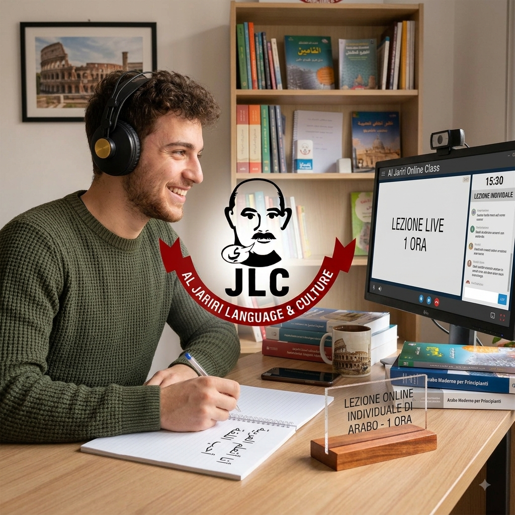 Un giovane studente maschio con capelli ricci, indossando cuffie grandi e un maglione verde, siede a una scrivania di legno in un ufficio a Roma e sorride mentre guarda un monitor di computer. Il monitor visualizza un'interfaccia di lezione video online intitolata "Al Jariri Online Class - LEZIONE LIVE 1 ORA" (15:30). Sta scrivendo in arabo su un quaderno aperto con una penna. Sulla scrivania ci sono libri di testo (Arabo Moderno per Principianti), una tazza con un'immagine del Colosseo e, in primo piano, una targhetta in acrilico con la scritta "LEZIONE ONLINE INDIVIDUALE DI ARABO - 1 ORA". Il logo "Al Jariri Language & Culture" (con nastro rosso e portrait di JLC) è sovrapposto al centro dell'immagine. Una foto del Colosseo è appesa al muro sullo sfondo.